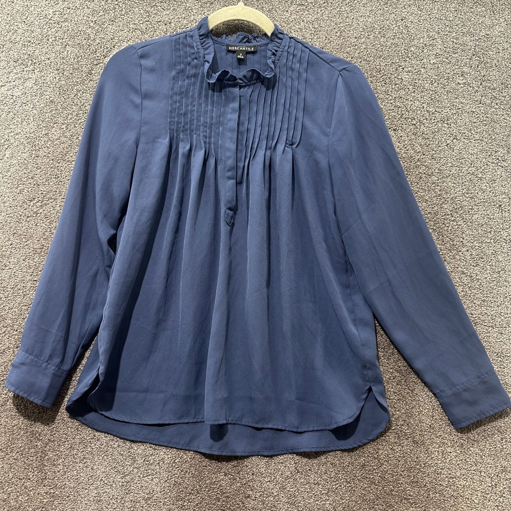 J Crew Mercantile Pintuck Blouse Top Size 2 Blue Ruffle Mock Neck Academia